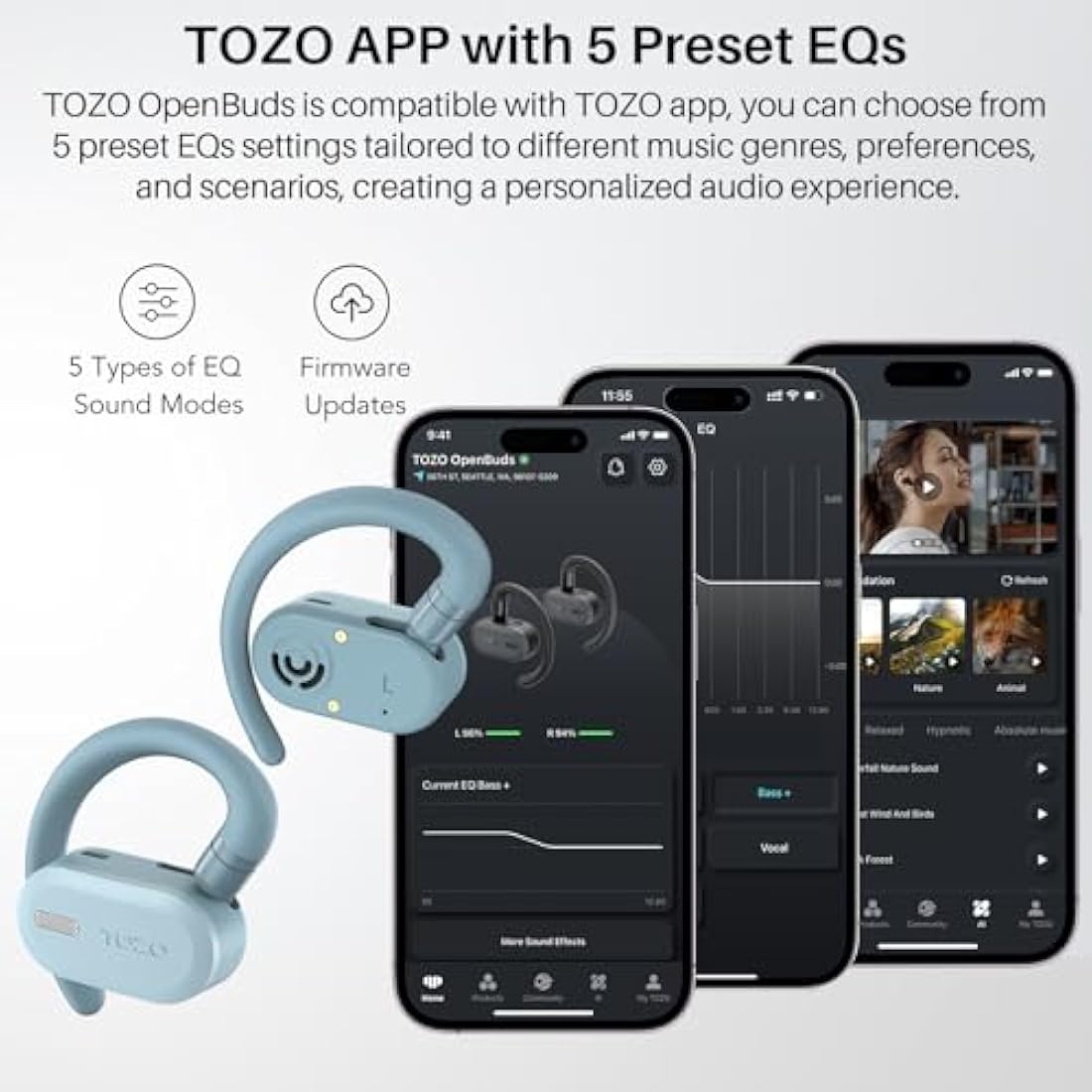 TOZO O2 True Open Ear Wireless Headphones Lightweight with Multi-Angle Adjustment, Bluetooth 5.3 Earbuds with Dual-Axis Design for Long-Lasting Comfort, Crystal-Clear Calls for Driving, Blue