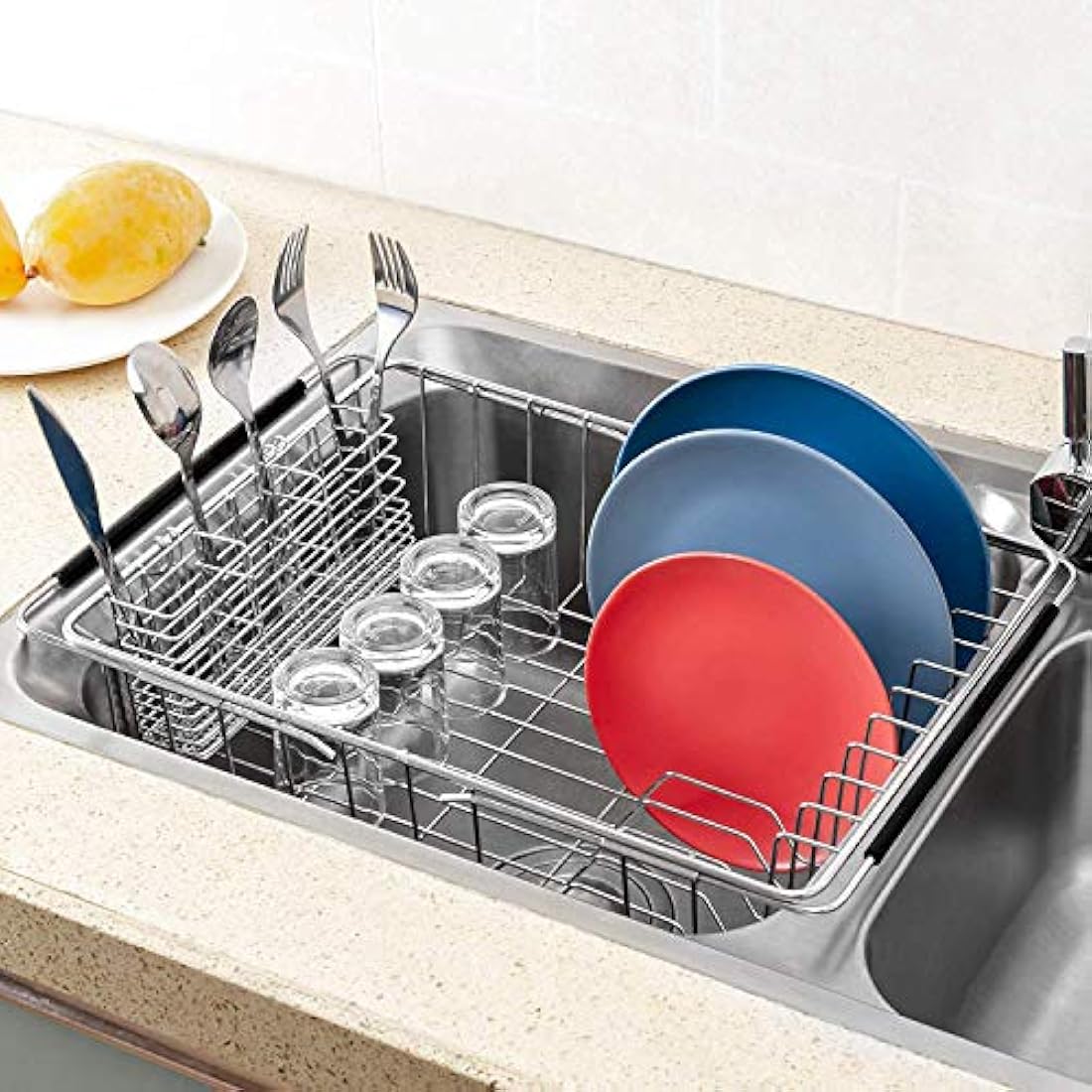 SANNO Expandable Dish Drying Rack with Utensil Cutlery Holder, Dish Drainer Shelf Dish Rack in Sink On Counter with Utensil Silverware Cutlery Holder, Rustproof Stainless Steel