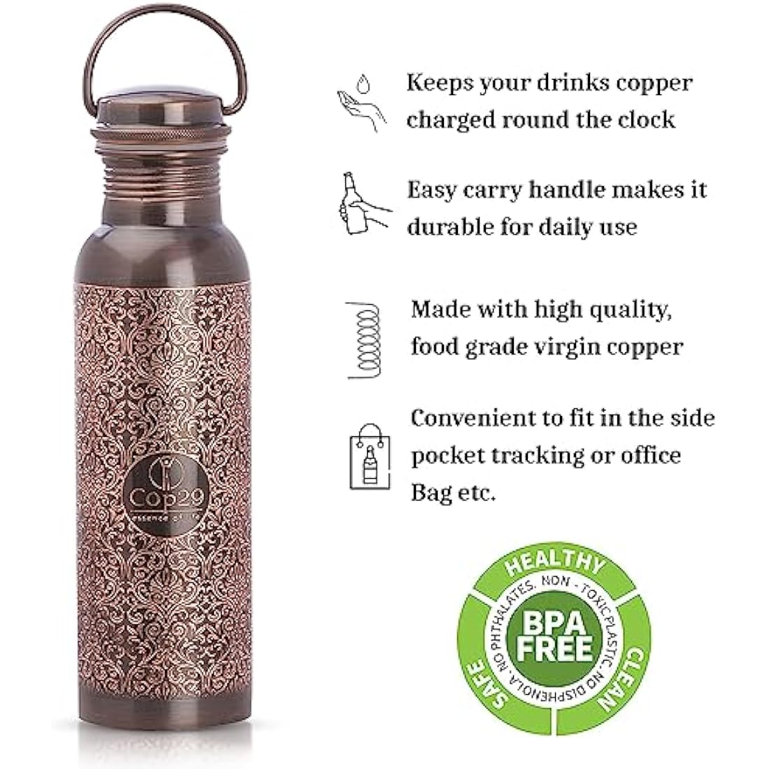 Cop29 Handcrafted Engraved Premium Design Pure Copper Tulip Antique Water Bottle with Handle : Joint Free & Leak Proof -900ml/30oz