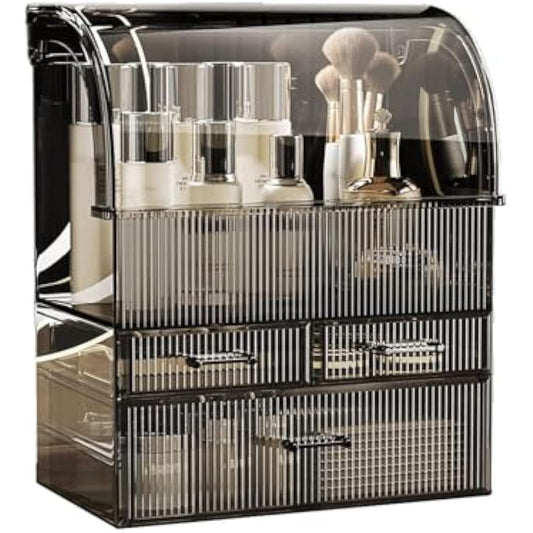 SIOOUI Acrylic Cosmetic Storage Organizer, High Capacity Cosmetics Storage Display Case with Drawers, Perfume Makeup Organizer Box with Water Proof Cover for Bedroom Vanity Desk, Bathroom(Black-XL)