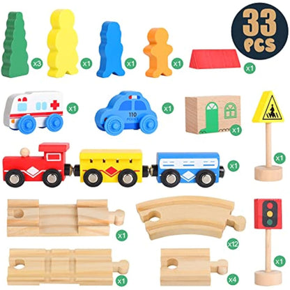 Thomas & Brio Compatible Wooden Train Set - 33 Piece Magnetic Railway with Wooden Rails for 3-6 Year Old Girls & Boys