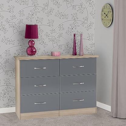 Seconique Nevada 6 Drawer Chest in Grey Gloss/Light Oak Effect Veneer