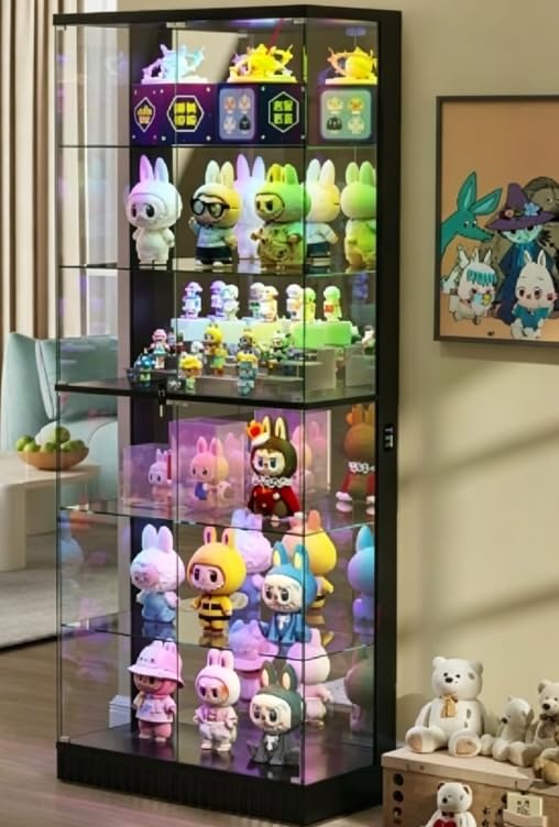 Gurexl 180 CM RGB Glass Display Cabinets with Lock for Collectibles,Black