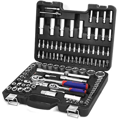 WORKPRO 108-Piece 1/4"&1/2" Drive Socket Set with Bits, Quick Release Ratchet Wrench - CR-V Mechanic Tool Set for DIY, Car Repair