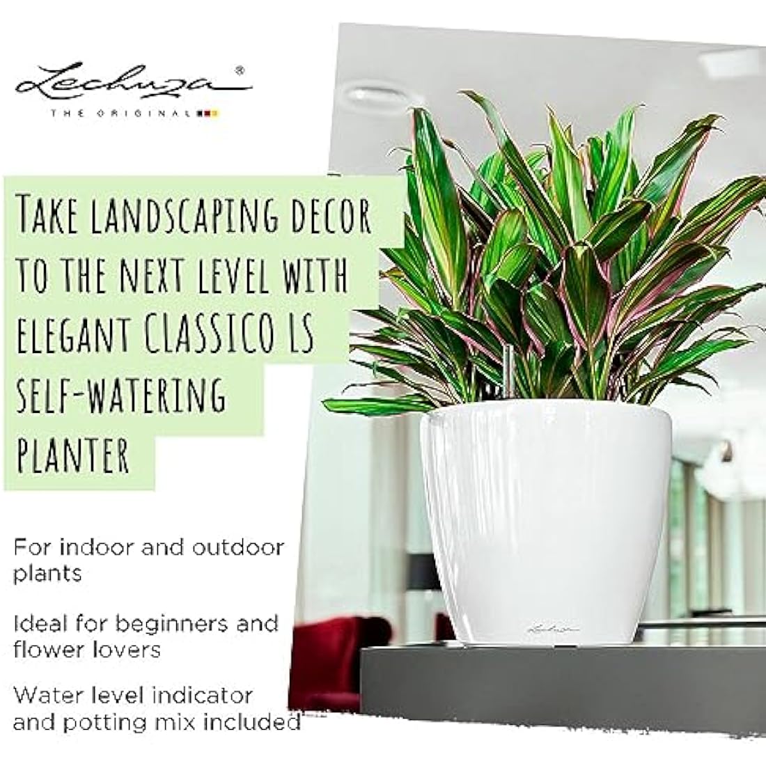 Lechuza Self Watering Plant Pot CLASSICO 50 LS Garden Flower Indoor and Outdoor Plastic Planter with Drainage Hole D50 H47 cm White High-Gloss