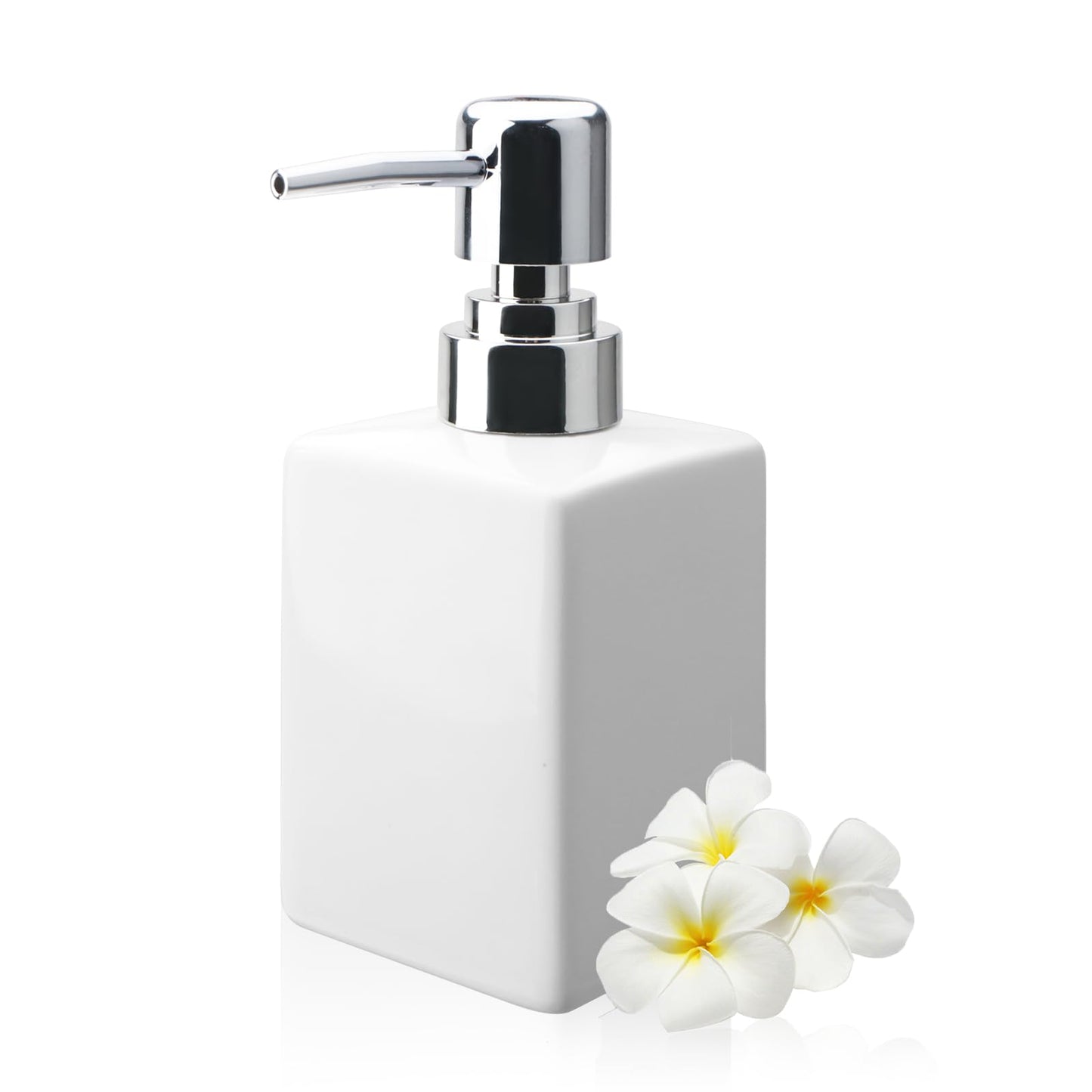 White Square Ceramic Soap Dispenser 320ml, Refillable Liquid Bottle with Anti‑Rust Long Spout Pump, Non‑Slip Base for Bathroom Vanity