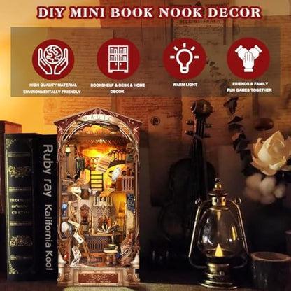 Spilay DIY Book Nook Kit, DIY Puppenhäuser holz Miniatur Haus Möbel Kit Mit LED-Licht,Schutzhülle,3D Holzpuzzle Buchstütze Bücherregal Dekoration,Buchstützen Modell Build-Creativity Kit-SQ14
