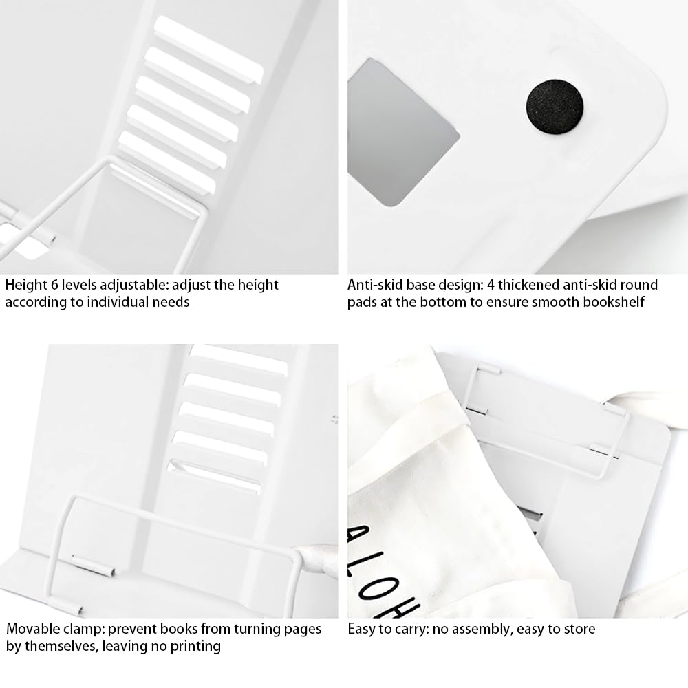 Book Stand, Multifunctional Metal Book Holder for Reading White