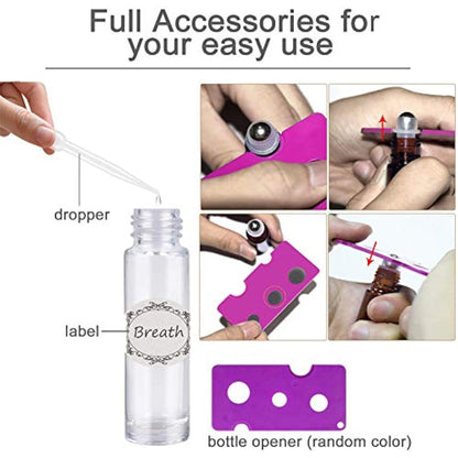 Yalbdopo 10pcs, 10ml Essential Oil Roller Bottles - Refillable Transparent Glass Roll-on Bottles with Stainless Steel Roller Balls & Gold Cap, Includes 12 Labels, Dropper & Opener