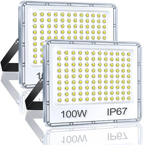 YIQIBRO 100W LED Floodlight Outdoor 2 Pack, IP67 Waterproof Outside Security Lights, 10000LM 7000K Cool White LED Floods Light Outdoor Spotlight for Garden, Garage, Warehouse, Workshop, Factory
