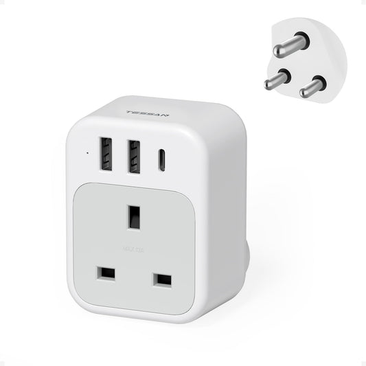 South Africa Plug Adapter, TESSAN UK to South Africa Plug Adapter with USB C and 2 USB A, 4 in 1 Travel Adaptor for Namibia, Botswana, Nepal,