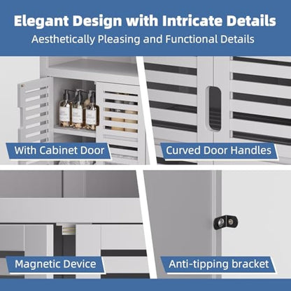 HITNET Bathroom Floor Storage Cabinet, Bamboo Freestanding Kitchen Organizer Rack with Double Doors and 2 Removable Shelves, White