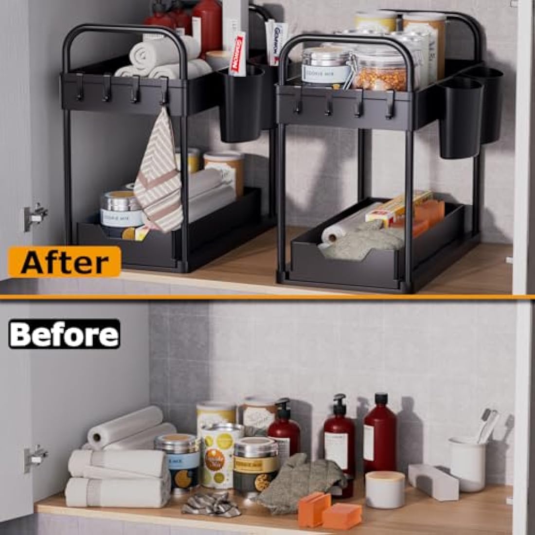 GEMWON Under Sink Storage Kitchen Organiser, 2 Tier Sliding Kitchen Storage Under Sink shelf, Multi-Purpose Organisation for Bathroom, Bottom Slide Out Basket Black 2Piece
