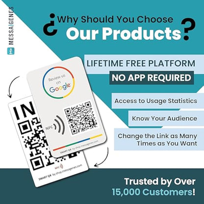 Reusable Review Tap Card for Google Reviews and Menu or Website- 2-Cards Pack - QR & Tap NFC Review + QR INFO Card - Review Us on Google Tap Card - iPhone & Android - Set Up at Home | by MESSAGENES