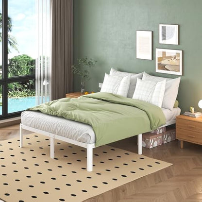 Lutown-Teen White Double Bed Frame 30.5 cm High with Rounded Corner Legs, 4ft 6 Heavy Duty Metal Bed Frame Double 4ft6 with Steel Slats Support, Storage Space Underneath, Easy Assembly