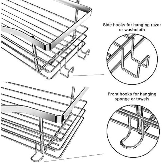 Orimade Shower Caddy Basket Soap Dish Holder Shelf with 5 Hooks Bathroom Organiser Shelf Kitchen Storage Rack Wall Mounted Adhesive No Drilling SUS304 Stainless Steel - 3 Pack