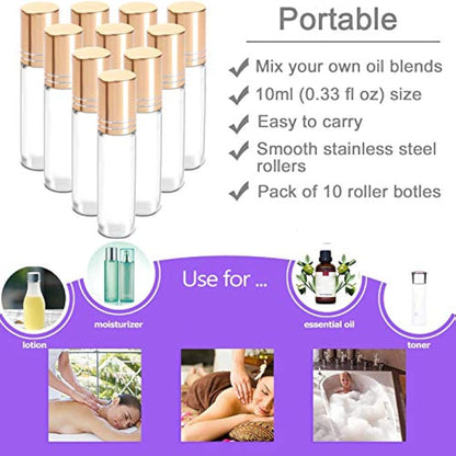 Yalbdopo 10pcs, 10ml Essential Oil Roller Bottles - Refillable Transparent Glass Roll-on Bottles with Stainless Steel Roller Balls & Gold Cap, Includes 12 Labels, Dropper & Opener