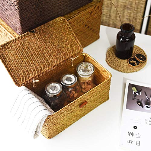 DOKOT Seagrass Storage Baskets with Lids Natural Wicker Basket (Medium 30cmx18cmx15cm H)