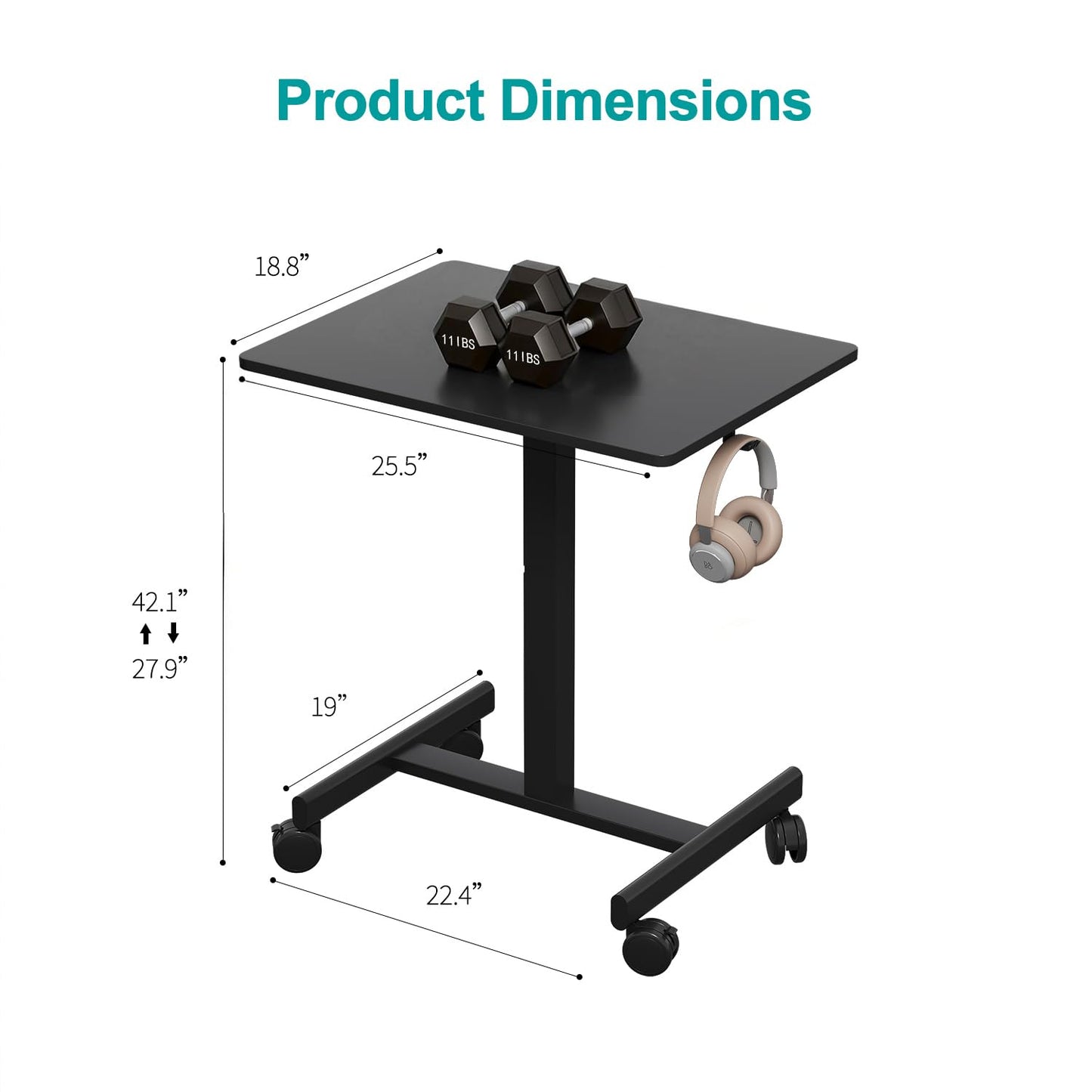 Gamork Mobile Desk on Wheels, Pneumatic Height Adjustable, Black