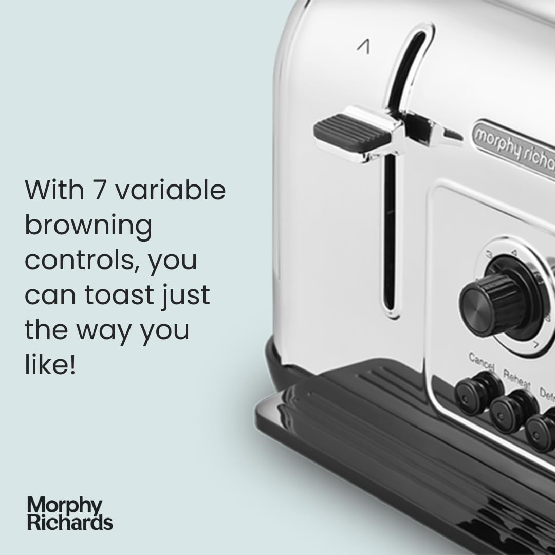 Morphy Richards Venture 4 Slice Toaster, Brushed Stainless Steel, Defrost and Reheat, Removeable Crumb Tray, High Lift Function, White, 240134