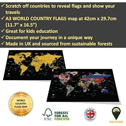 Scratch Off Map with Flags background – Deluxe Travel Size World Map Poster – Countries and Facts – Travel Gift - GLOBAL WALKABOUT (Black)