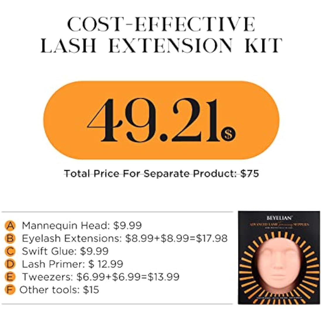 BEYELIAN Eyelash Extension Kit, with Mannequin Head Lash Practice Exercise Set, Professional Flat Mannequin Head False Eyelash Grafting Training Tool Kit for Eye Lashes Graft