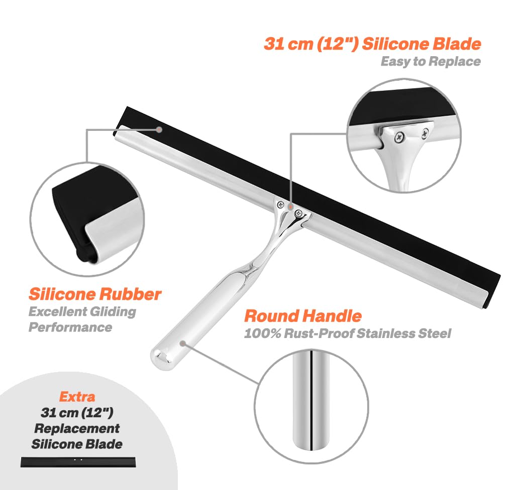 kowald Shower Squeegee Stainless Steel 31 cm Wide with 2 Different Hooks and Replacement Lip