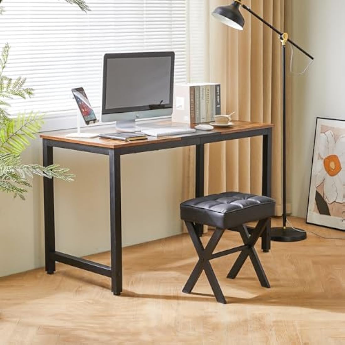 IBUYKE Square Makeup Stool with X-Leg Foot Rest, PU Footrest Stool, Ottoman Seat Vanity Stool, Multi-Use as Small Side Table, for Bedroom, Living Room, Black L/G-71B