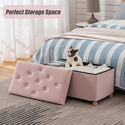 BRIAN & DANY Ottoman Storage Box with 4 Wood Legs, Velvet Storage Ottoman for Living Room, Pink, 76 x 38 x 38 cm