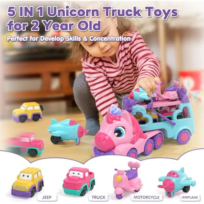 Lehoo Castle Toddler Toys for 1 2 3 Year Old Girls, Unicorn Gifts for Girls, 2 Year Old Cars Toys for kids, Birthday Gifts Carrier Truck with Light & Music