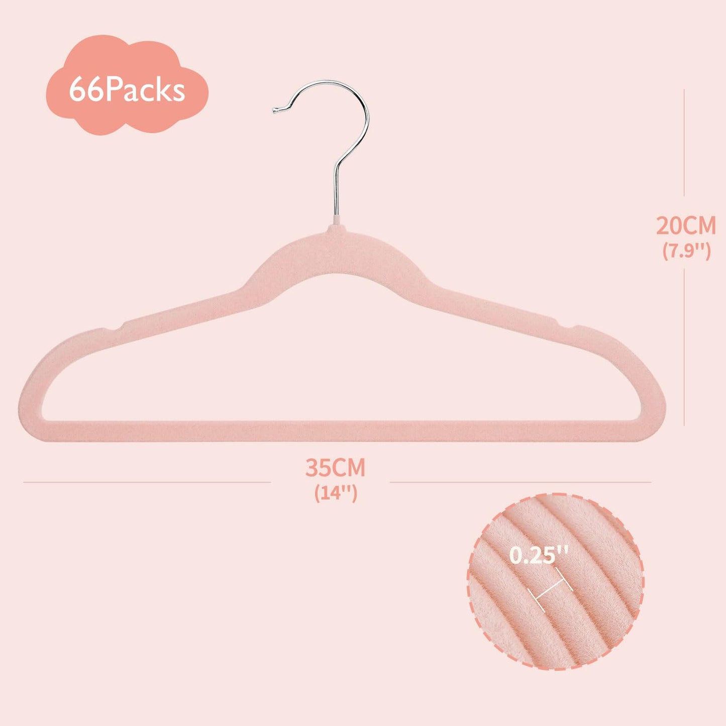 ManGotree 14 Inch Kids Velvet Hangers Felt Children's Hangers 66 Pack Pink