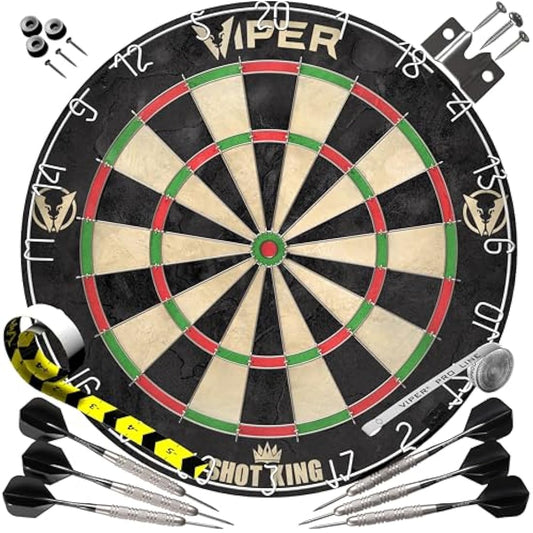Shot King Regulation Bristle Steel Tip Dartboard Set with Staple-Free Bullseye, Galvanized Metal Radial Spider Wire Includes 6 Darts, Black, 17.75 inch