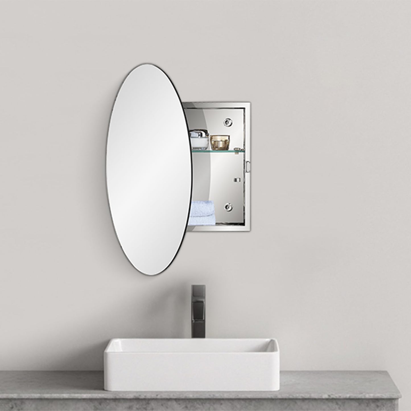 Fundin Mirror Cabinet with Stainless Steel Frame, Round Mirrored Door, Adjustable Glass Shelves, Surface Mounted, 50cm x 50cm, Mirrored Finish