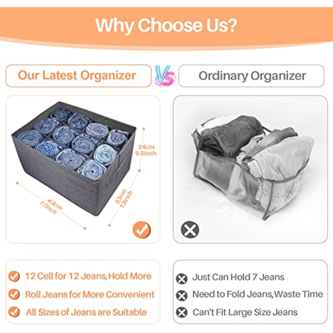 EASEVE Wardrobe Organiser Clothes Storage Boxes - 12 Cell Foldable Closet Shelf Drawer Dividers for Cupboard Organizer, Stackable Clothing Box for Jeans, Trouser, Pants, T-shirt, Sweater (1 Pack)