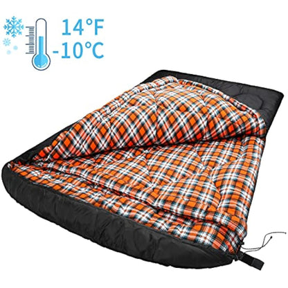 Winter 0 Degree Double Sleeping Bag, Double Wide Queen Size 2 Person Sleeping Bag With 100% Cotton Flannel Lining, Warm And Waterproof For Camping, Fishing or Hunting in Cold Weather