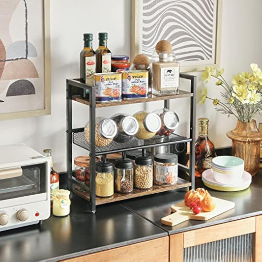IBUYKE 3-Tier Spice Rack - Industrial Counter Shelf,Desktop Storage Organizer,Standing Seasoning Rack for Countertop Kitchen,Office,Living Room,Rustic Brown TLJ021H