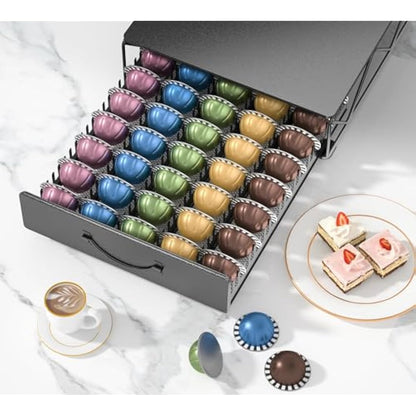Multifunctional Metal Vertuoline Coffee Pod Holder for 60 Small or 40 Large Vertuo Capsules Pods & 40 Dolce Gusto Pods,Nespresso Vertuoline Capsule Drawer Organizer Coffee Machine Stand