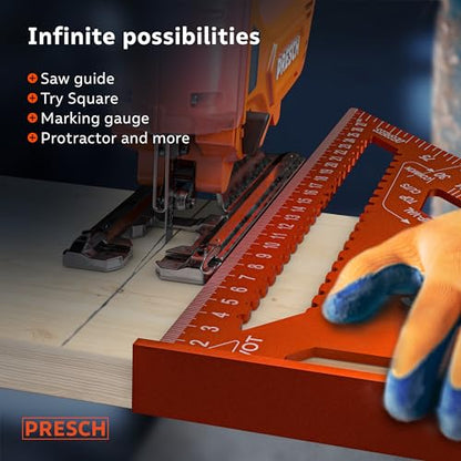 Presch Carpenters Square 300mm | Innovative wipeable note surface | High-precision milled aluminum for permanently accurate 90° angles | Carefully crafted, resilient coating