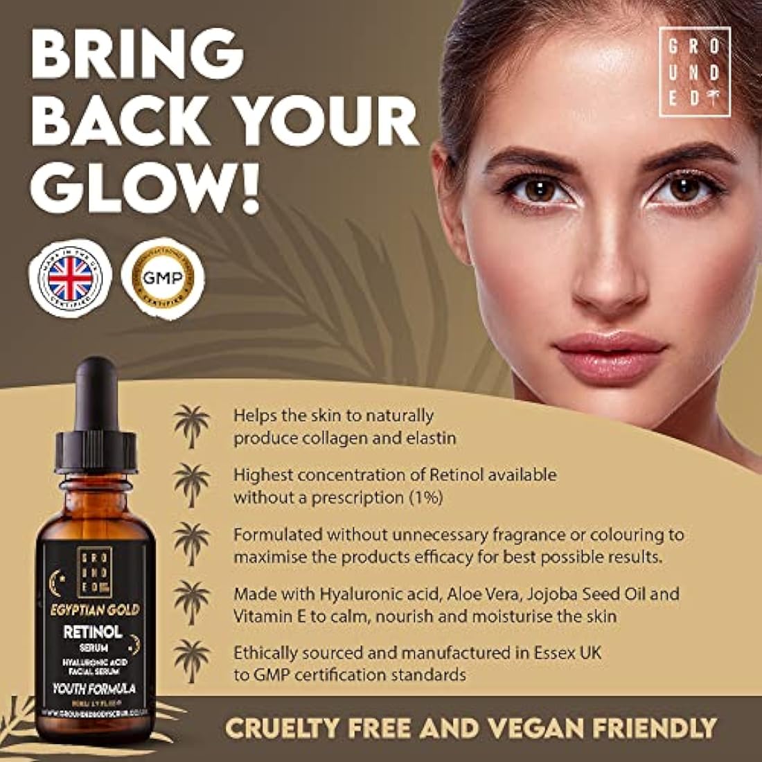 Egyptian Gold Anti Ageing (1%) Retinol Face Serum with Hyaluronic Acid, Vitamin C, Aloe Vera, Vitamin E & Jojoba Seed Oil. High Strength Skin Rejuvenating Formula Suitable for Men & Women - 50ml, UK