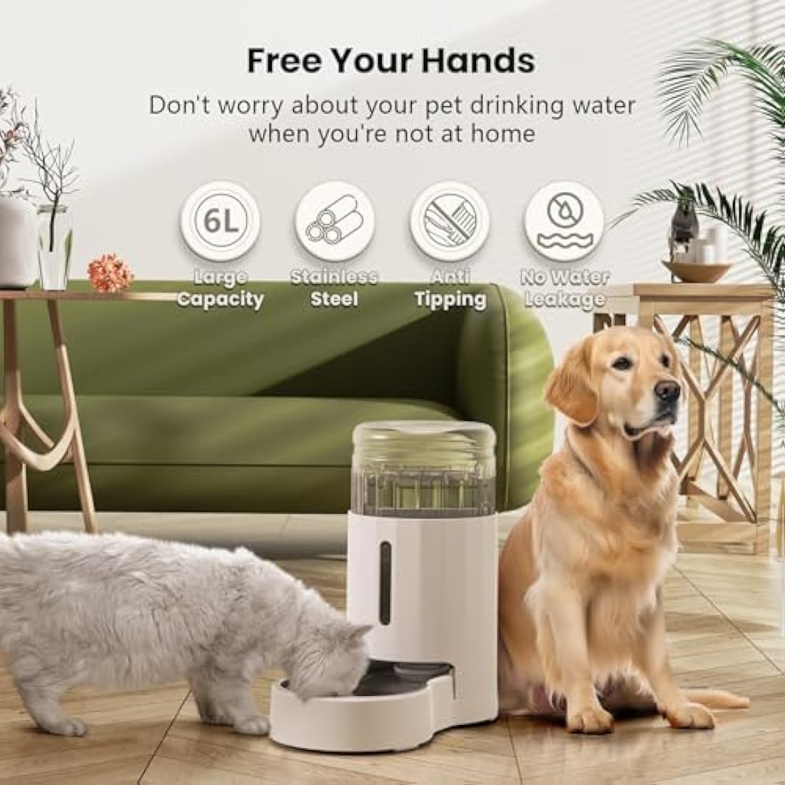 JUNSPOW Pet Water Dispensers, 6L Gravity Large Capacity Stainless Steel Water Dispenser, 100% BPA-Free Automatic Pet Waterer for Cats & Small/Medium-Sized Dogs White