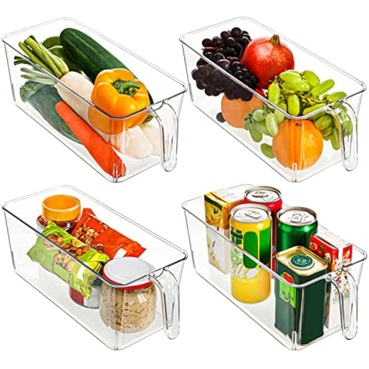 Kurtzy Kitchen Fridge & Cupboard Storage Containers with Handles (4 Pack) - 31.2cm/12.28 Inches Overall Length - Clear Plastic Refrigerator Tubs for Bathroom, Pantry, Drawer, Freezer and Home