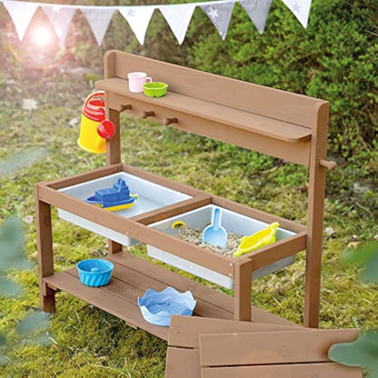 roba Children's Outdoor Garden Kitchen Fun - Wooden mud kitchen with removable cover - 2 plastic tubs & shelf - Weather-resistant work table/outdoor play kitchen - Teak