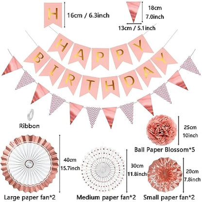 Rose Gold Reusable Birthday Decorations Kit Womens Birthday Party Decorations Rose Gold Banner Bunting Honeycomb Paper Lanterns Paper Fans
