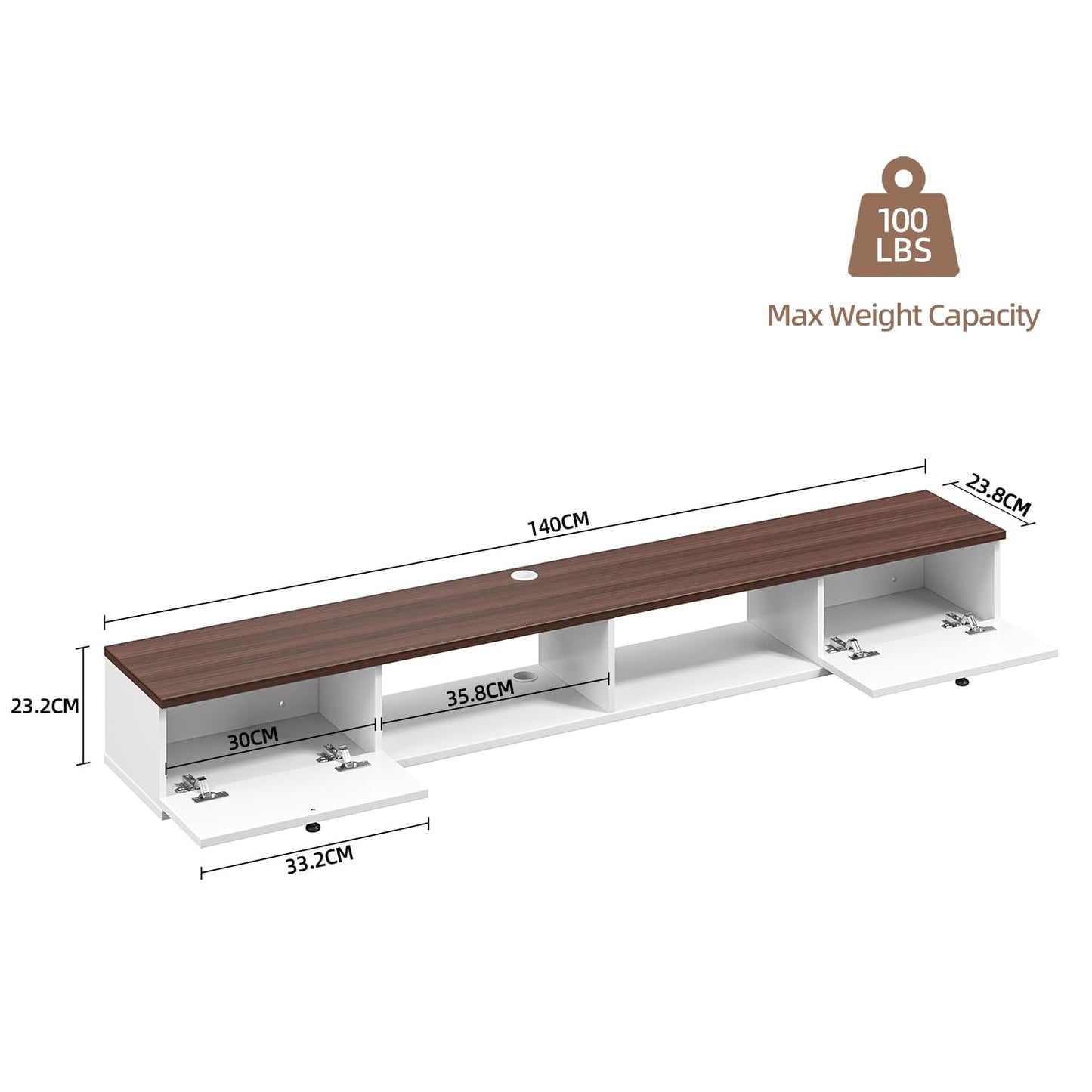 FloatiCasa 140cm Walnut & White Floating TV Unit, 2 Doors & 2 Open Cabinets