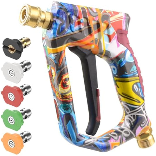 OHAYORI Pressure Washer Gun Heavy-Duty Trigger Gun with 5 Quick Release Spray Nozzles, M22-14mm Adaptor Inlet & 1/4'' Quick Connect Outlet Short Gun,4000PSI Colorful Power Wash Handle for Car Cleaning