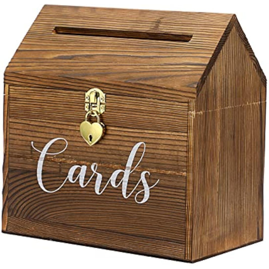 SUMNACON Wood Wedding Card Box with Heart Lock, Roof Type Birthday Card Organizer Holder Vintage Envelope Box for Wedding Birthday Party Reception (Vintage Wood)