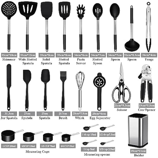 Kitchen Utensils Set, 26 Pack Silicone Cooking Utensils Set with Holder, Silicone Kitchen Utensils, Heat Resistant, Non Stick Spatula Spoon Slotted Spatula Cooking Tools Turner Tongs, Black
