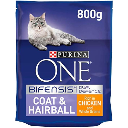 Purina ONE Coat & Hairball Dry Cat Food Chicken 800g (Pack of 4)