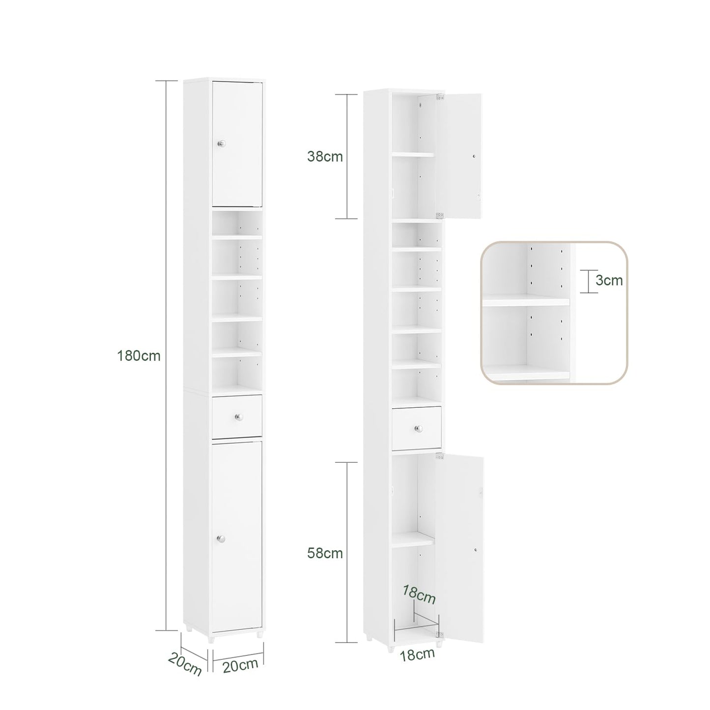 SoBuy 20cm Wide Bathroom Tall Cabinet Cupboard Bathroom Storage Cabinet White W20 x D20 x H180cm BZR34-W