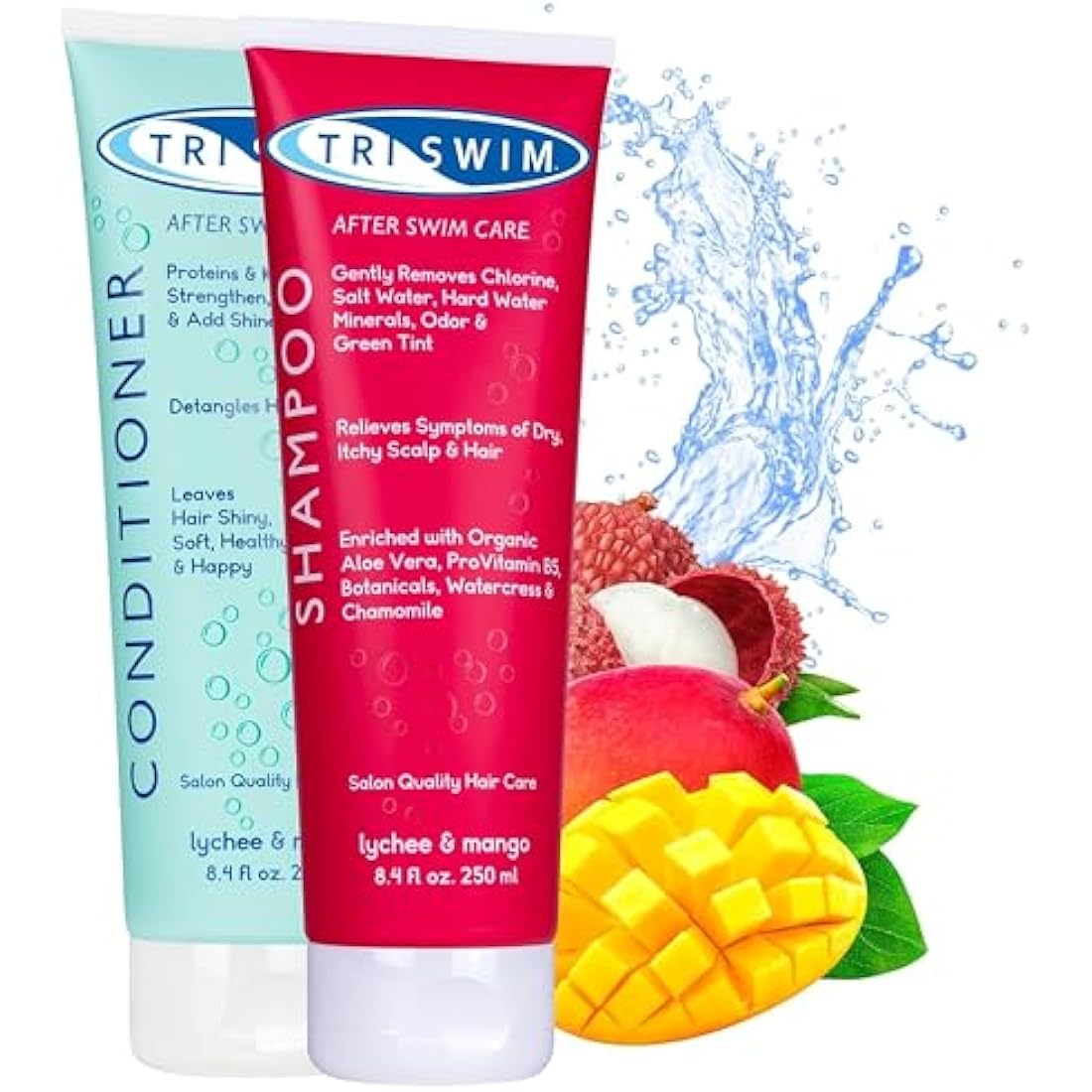 TRISWIM - Chlorine Removal Hair Care Bundle, After Swim Care Shampoo and Moisturizing Conditioner, Anti-Chlorine Hair Protection For Swimmers, Removes Green Tint, Vegan & Cruelty Free (250+250 ml)